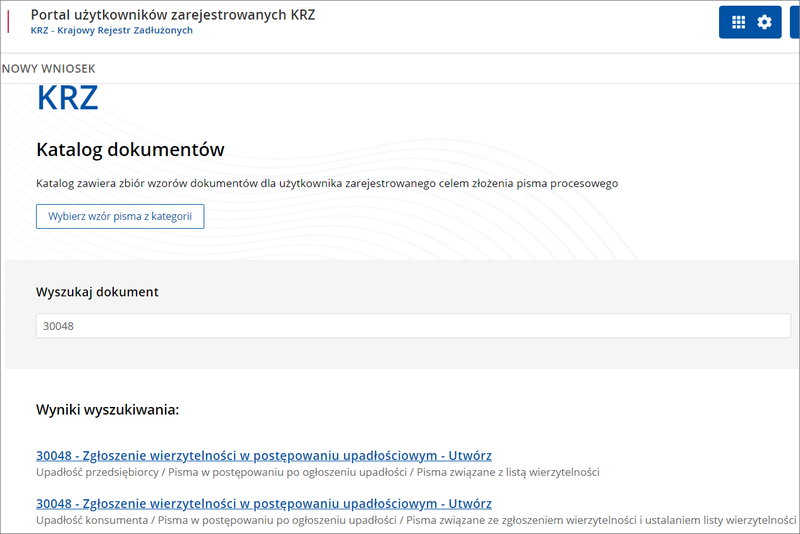KRZ - wybór wniosku o zgłoszenie wierzytelności