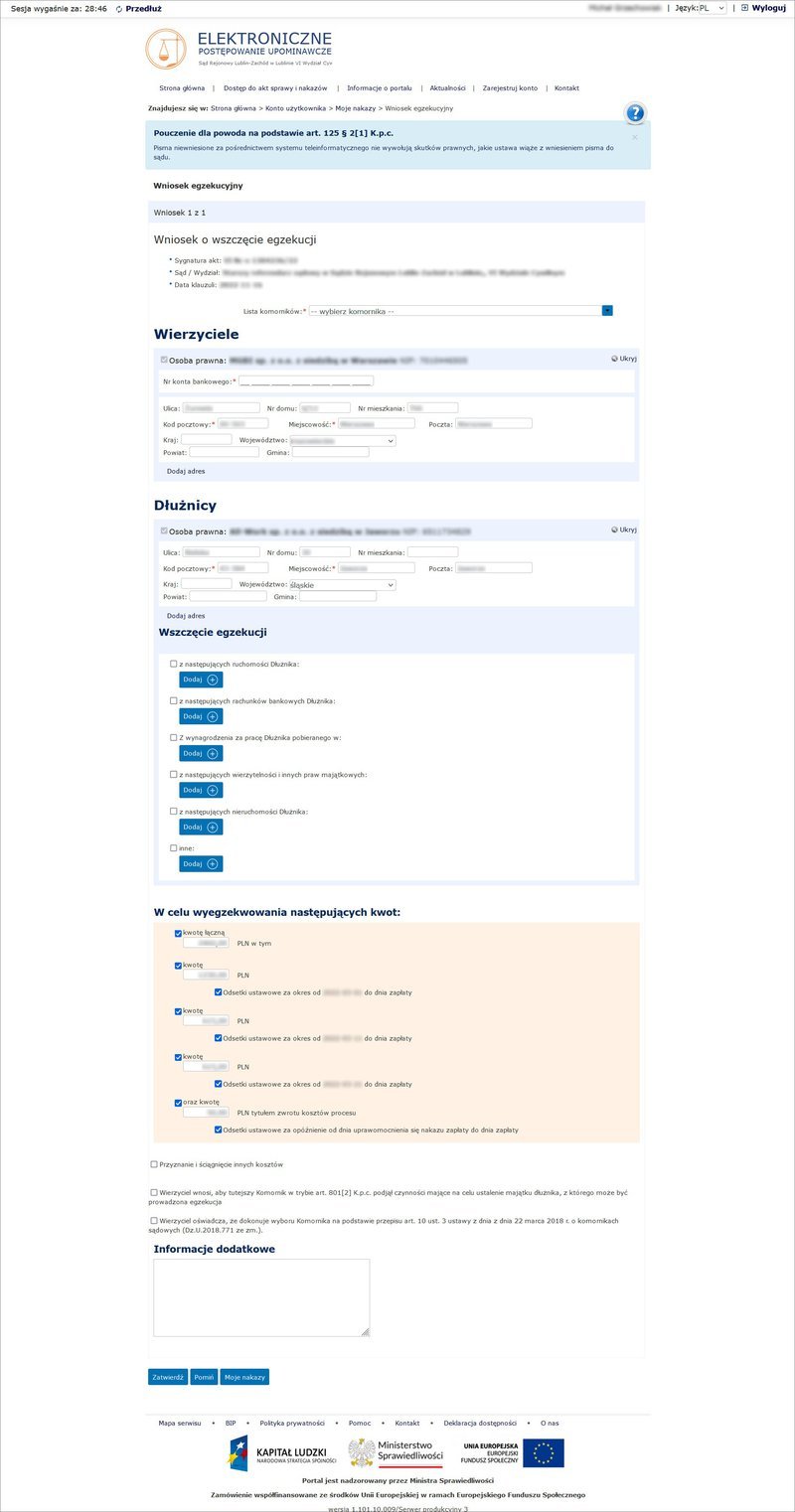 Wypełnianie dancyh we wniosku egzekucyjnym w EPU