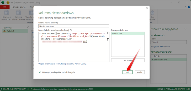 Zrzut 10 - Jak pobrać dane z MGBI API przez Power Query w programie Microsoft Excel